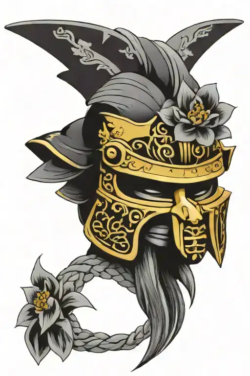 Black And Gray Samurai Helmet With Flowers