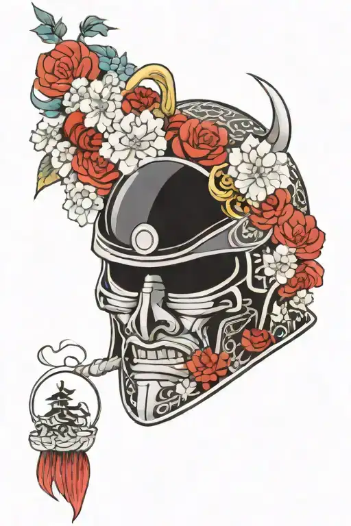 Black And Gray Samurai Helmet With Flowers