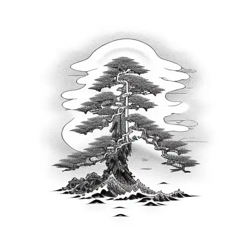 Redwood Tree Out Of A Rock By The Ocean In The Style Of Japanese Wave Art