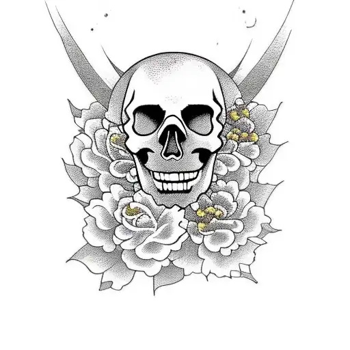 Skull Firefighter With Bourbon And Gold And Blue Flowers In The Background