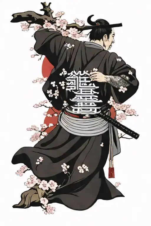 A Samurai Visiting His Masters Grave Under A Blossom Cherry Tree