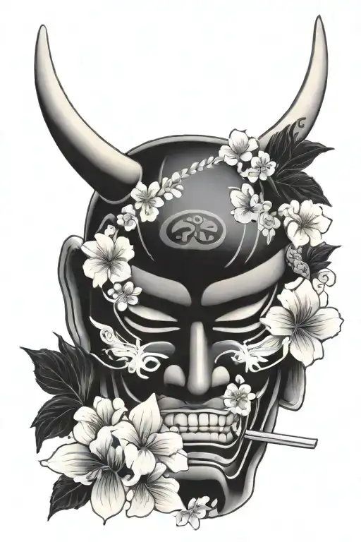 Black And Gray Samurai Mask With Flowers