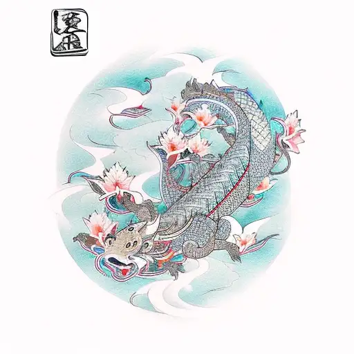 Female Samurai And Dragon And Koi Fish With Lillies And Cherry Blossoms