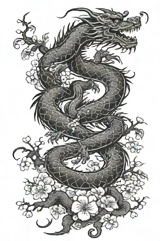 Dragon And Cherry Blossom Tree