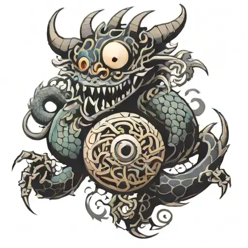 A Tattoo Design Combining A Beholder And A Dragon In A New-school Style