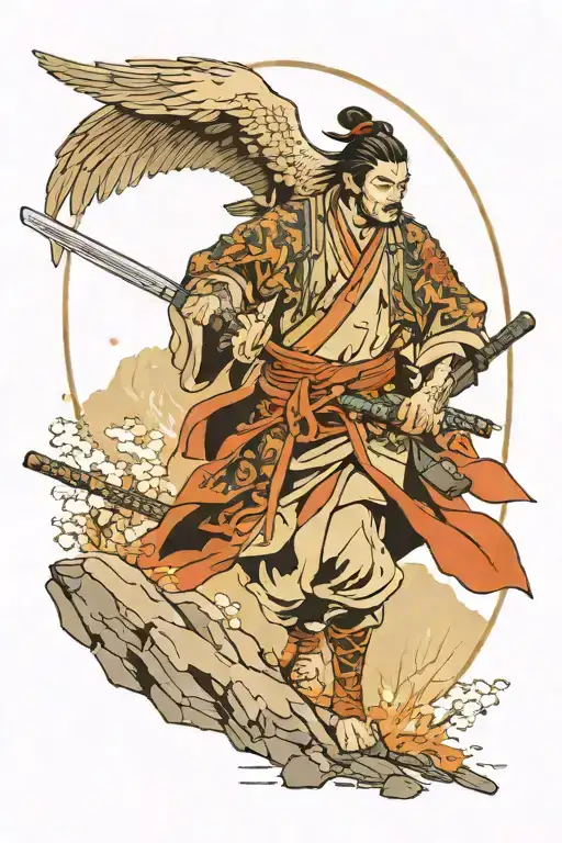 Hunter Samurai Going Trough Mountain Path With Bloody Katana In One Hand And Eagle On Another One