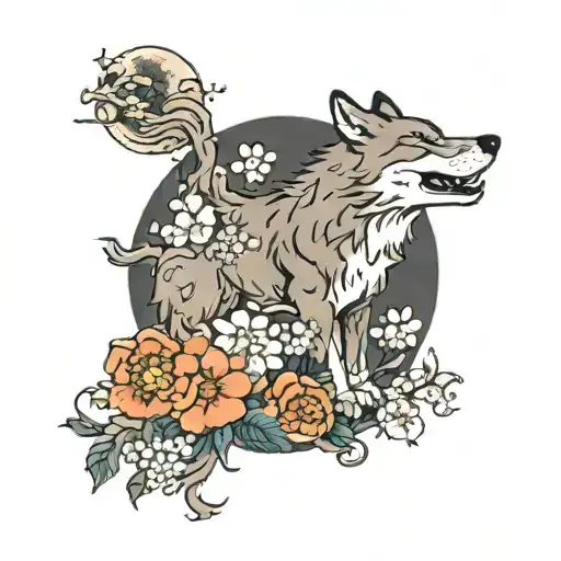 A Wolf Howling At The Moon Surrounded By A Bed Of Night Blooming Flowers