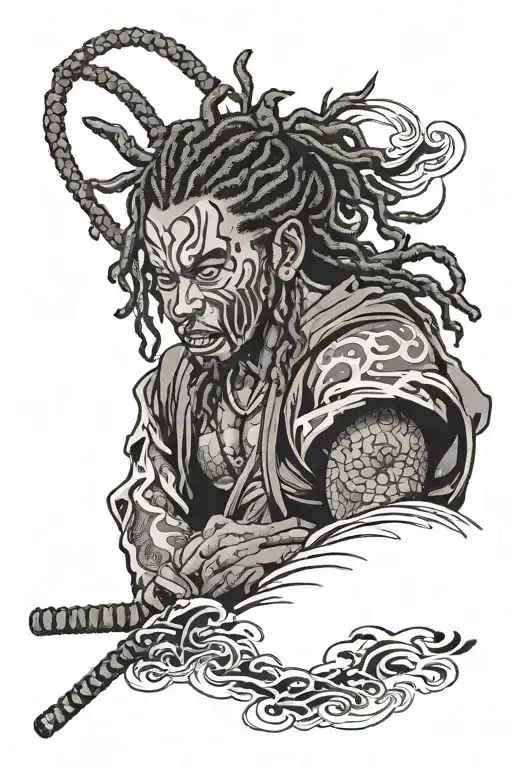 A Black Man With Locs In Samurai Mask Split In Half Sleeve