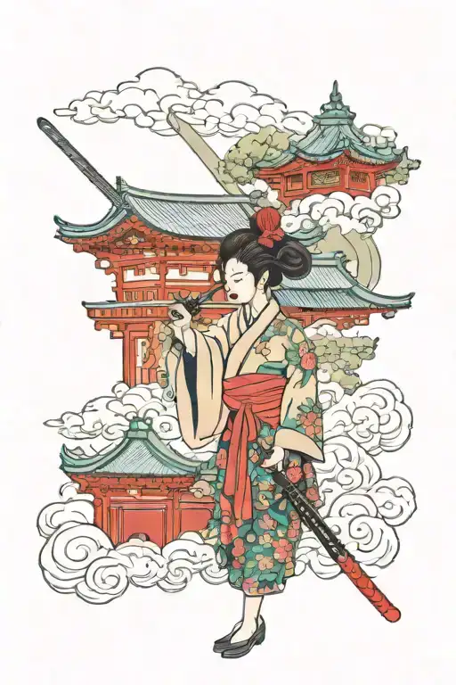 Woman With Sword And Chinese Temple