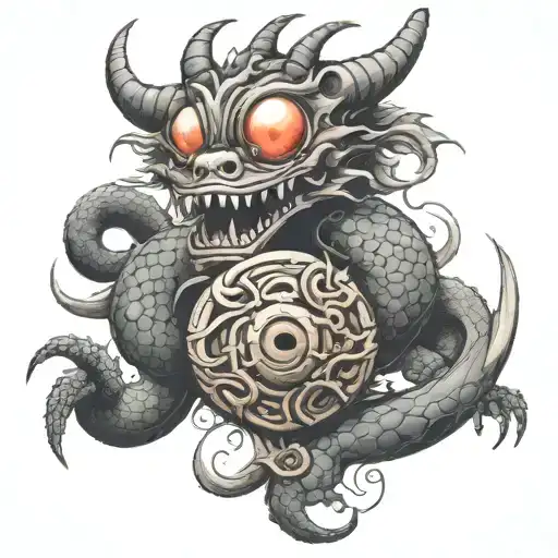 A Tattoo Design Combining A Beholder And A Dragon In A New-school Style
