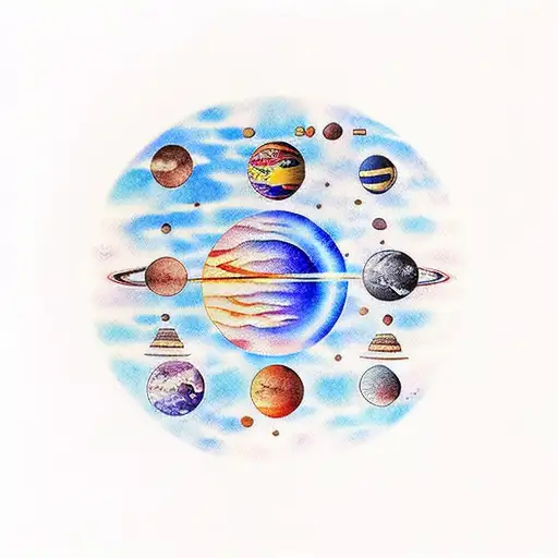 Symbols Of Planets With Planets In Water Colour And Constellatoons In A Straight Line