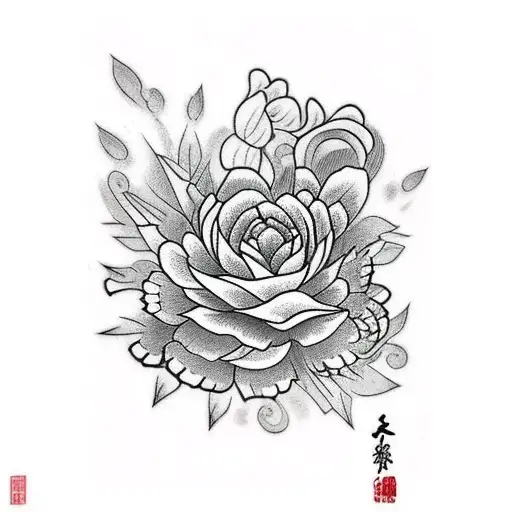 Black And Grey Sleeve With Red Flowers