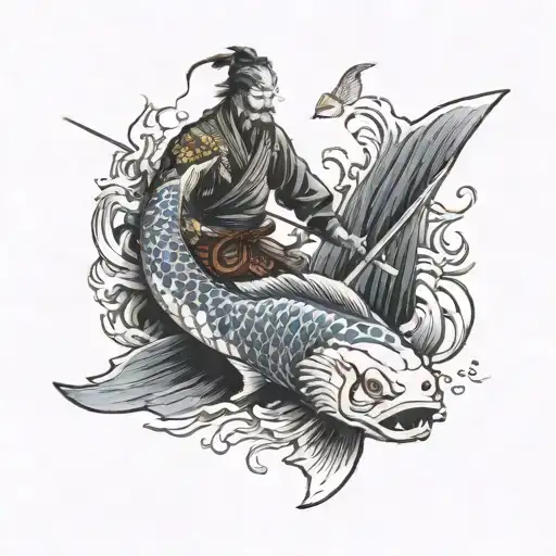 Samurai With Sword And Koi Fish In Lake