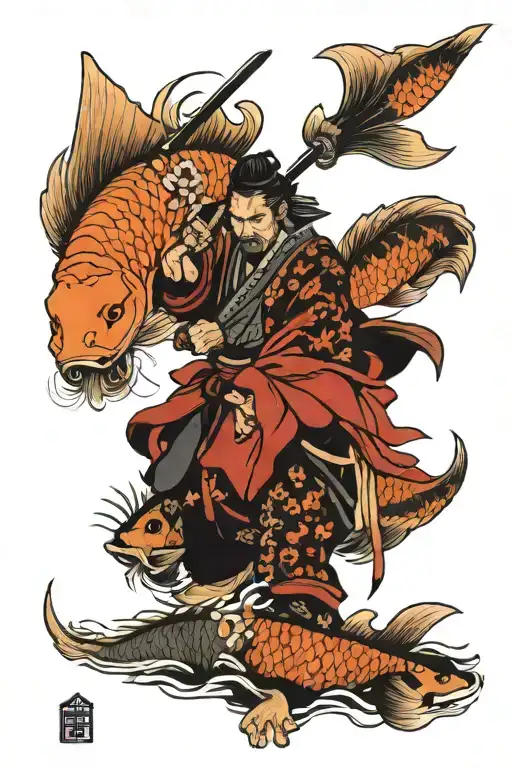 Samurai And Koi Fish