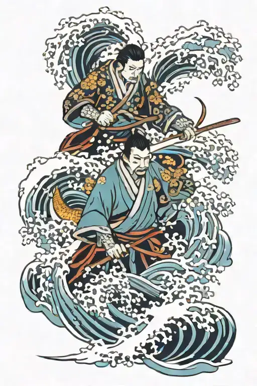 Samurai And Koi With Wave Crashing