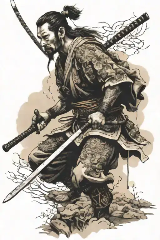 Japanese Samurai And Japanese Temple Surrounded