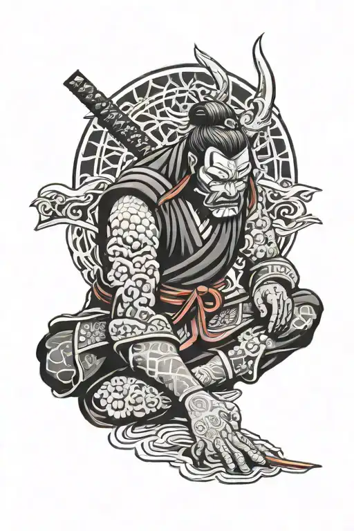 Samurai With Oni Mask Meditating Figure Surrounded By Shadows