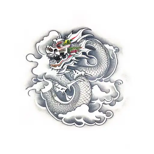 Japanese Dragon In Clouds With Sugarskull