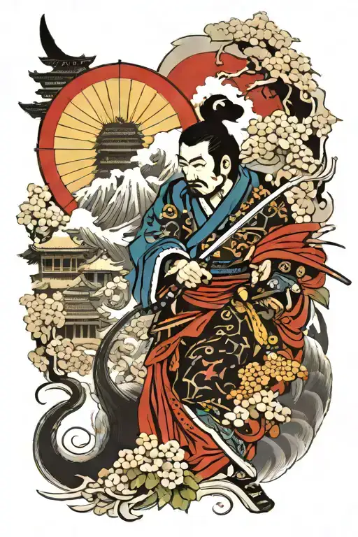 Japanese Samurai And Japanese Temple Surrounded