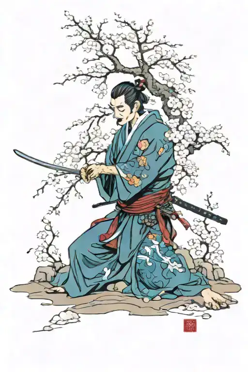 A Samurai Visiting His Masters Grave Under A Blossom Cherry Tree