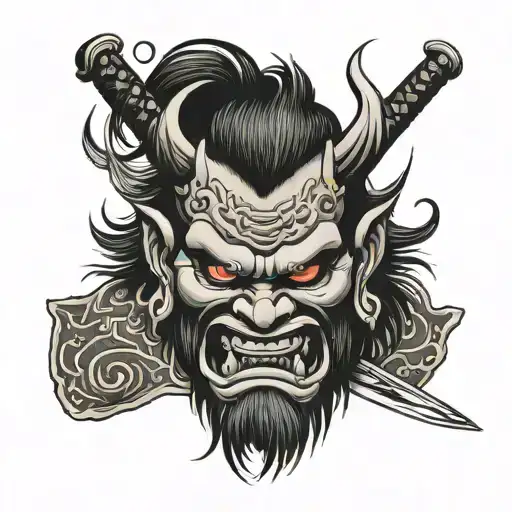 Japanese Oni Face With A Sword