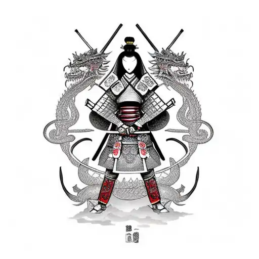 Female Japanese Samurai With Samurai Armor With Dragon