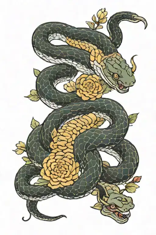 Snake With Chrysanthemum Tangled Together
