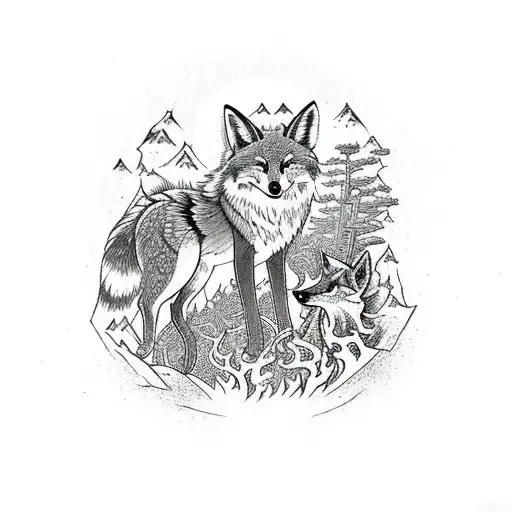 A Mystical Forest Scene With A Coyote And Fox Surrounded By Magical Elements