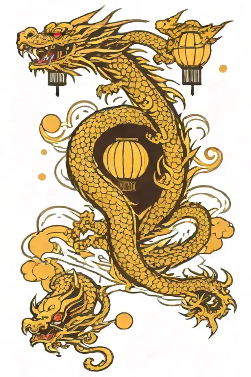 Dragon With Lanterns Flying In The Sky