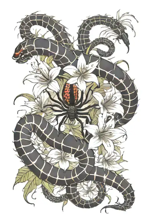 Spider Lilies With A Centipede In Red