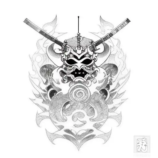 Anime Girl With Katana On Hand And Demon Mask