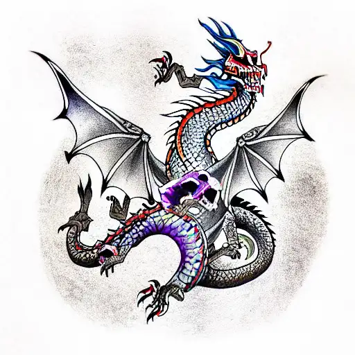 A Colorful Dragon With A Skull In The Hands