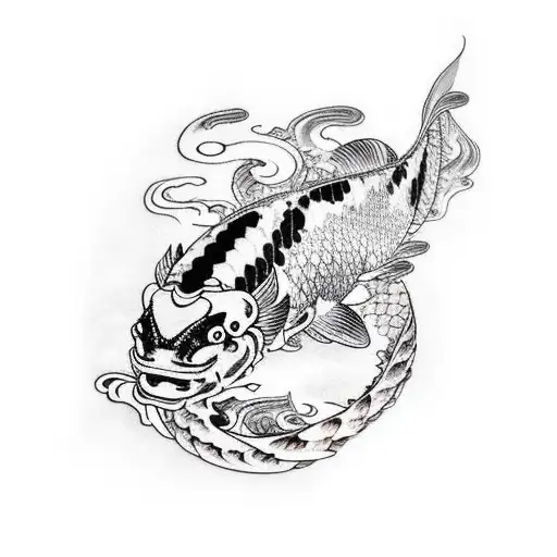 Black And Green Koi Fish Turning Into Dragon