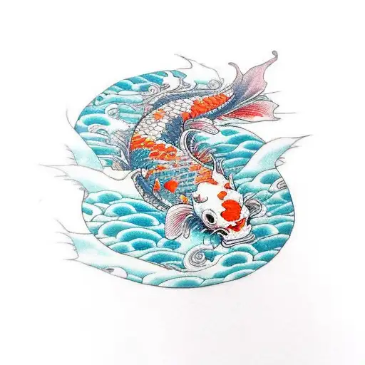 Koi Fish Going Up A River And Becoming Dragon While Arriving At Waterfall