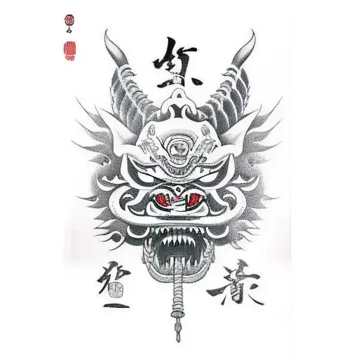 Oni Mask With Chinese Sword In Mouth