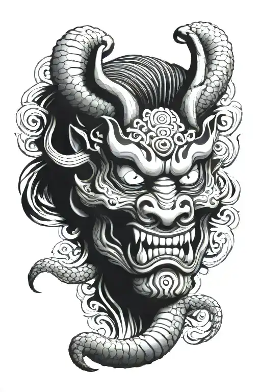 Oni Demon Mask And Snake Wrapped