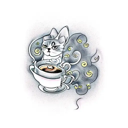 A Whimsical Coffee Cup With A Trail Of Smoke Transforming Into A Cat's Tail