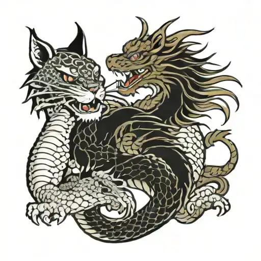 Japanese Dragon With Two Cats
