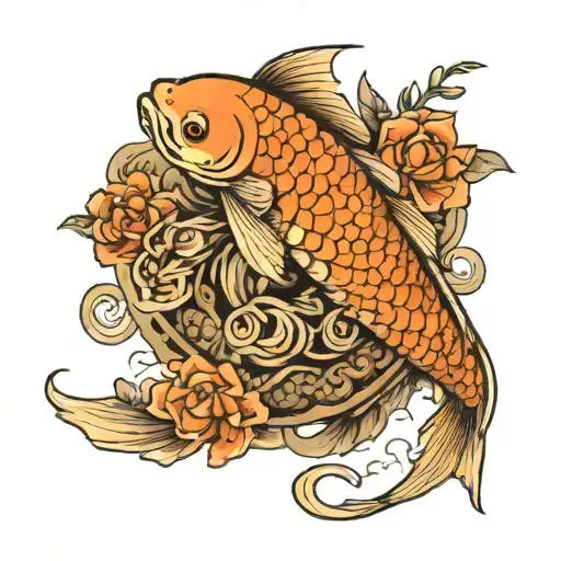 A Koi Fish Surrounded By A Flower Engulfed In Human Ribs