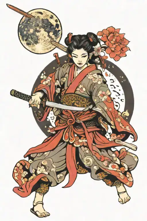Samurai Girl In Mount Fuji With A Moon