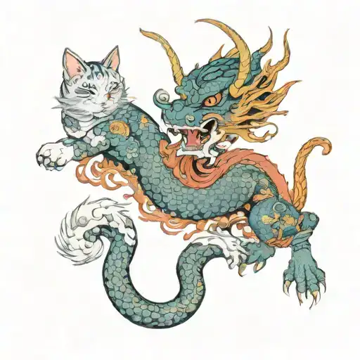 Japanese Dragon With Two Cats Playing