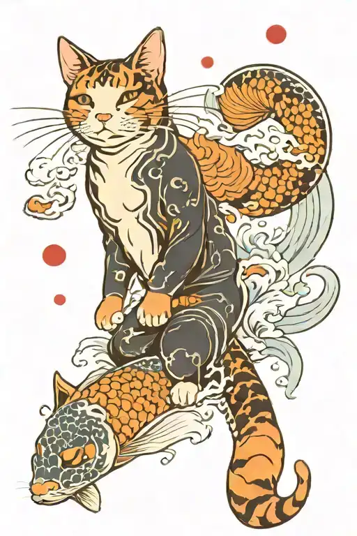 Cat With Koi Fish Jumping