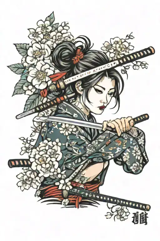 Beautiful Girl With Flowers And Katana