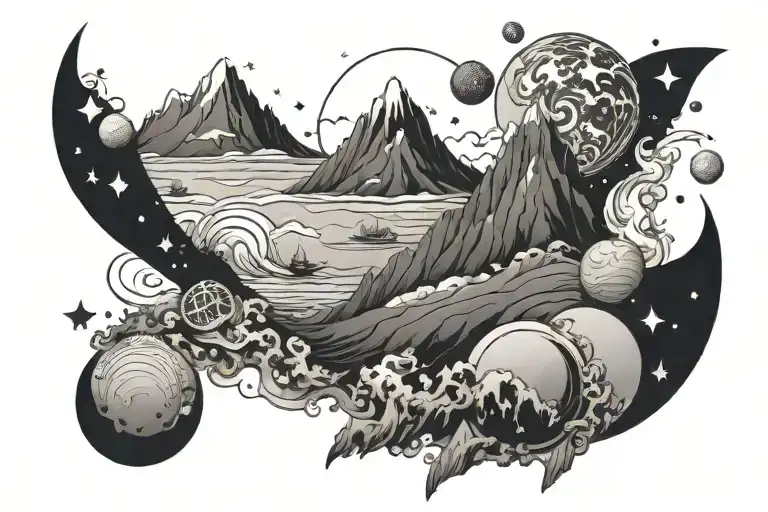 Sky Sea Mountains Space Surrounded By Planets