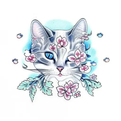 A Cat Surrounded By Cherry Blossom Motifs In White And Blue For The Lower Back