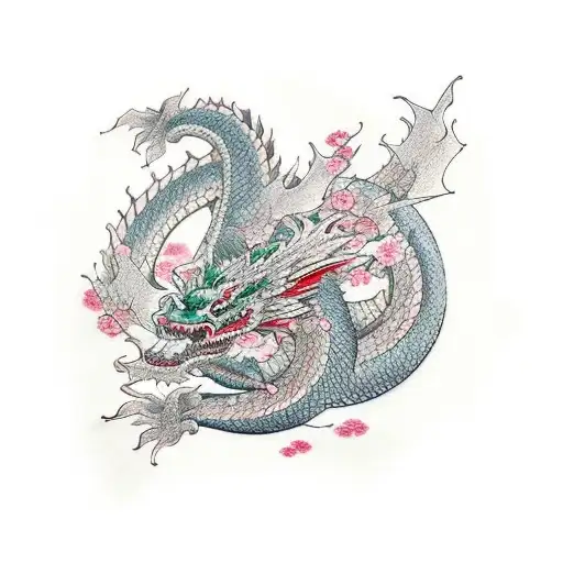 A Traditional Japanese Dragon Surrounded By Cherry Blossoms