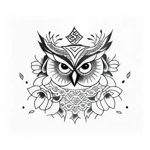 A Blackwork Tattoo Of A Majestic Owl Surrounded By Blooming Flowers And Musical Notes
