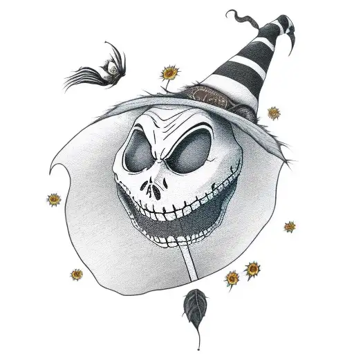 Jack Skellington Wearing A Brown Witch Hat With A Sunflower And Zero