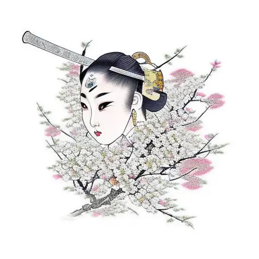 Katana With Roses In Front Of A Sakura Tree