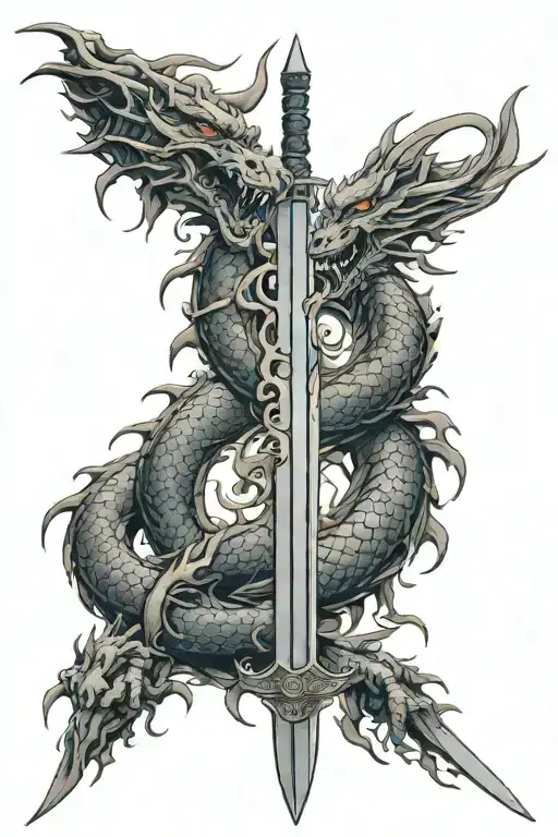 Dragon Shin Tattoo With Vertical Sword Embedded